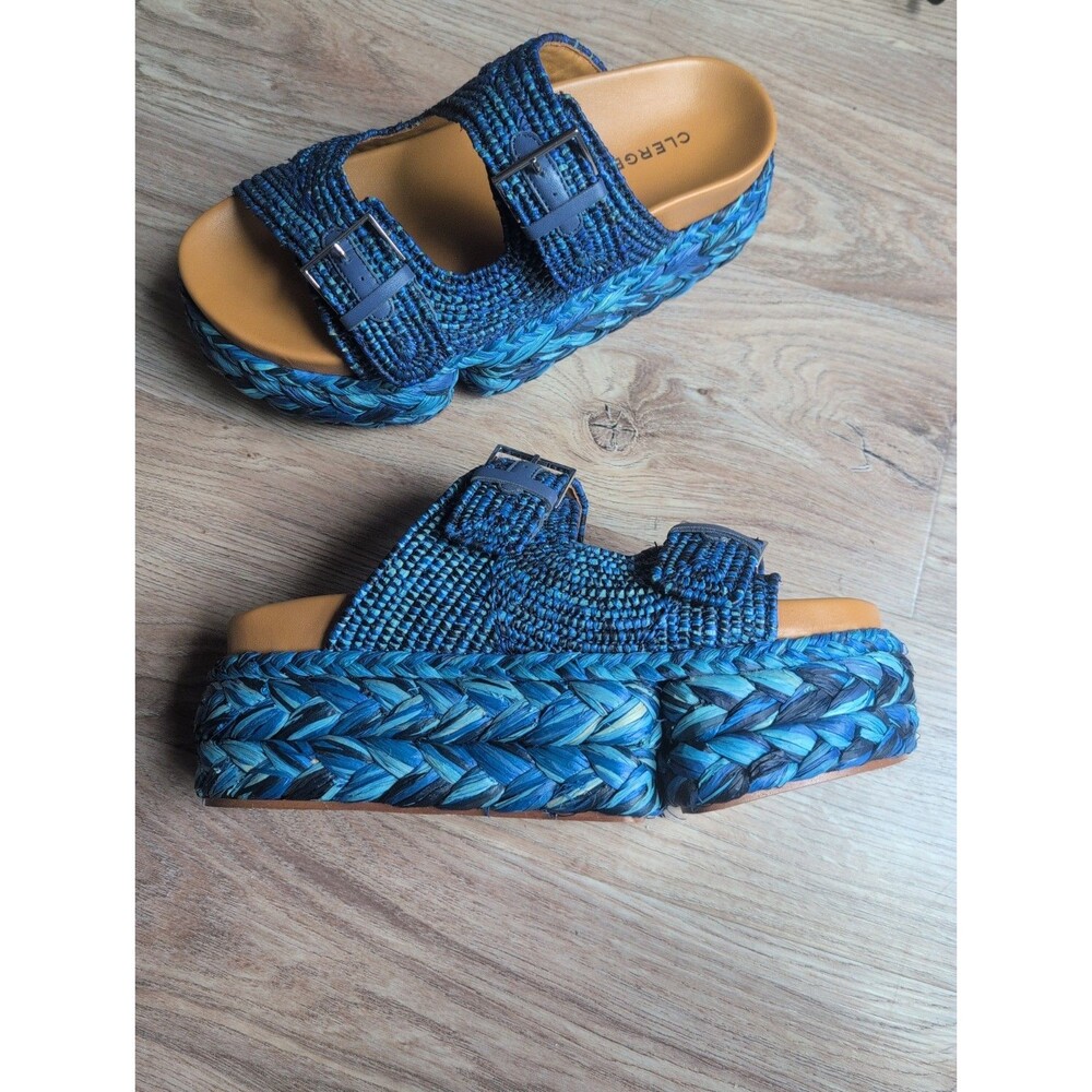 Clergerie Quinie Raffia Platform Sandals Blue Tan Women's 9.5